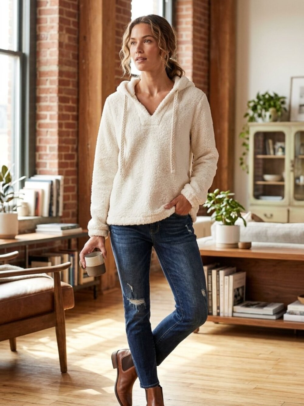 Women cream-colored fleece hoodie from Loft